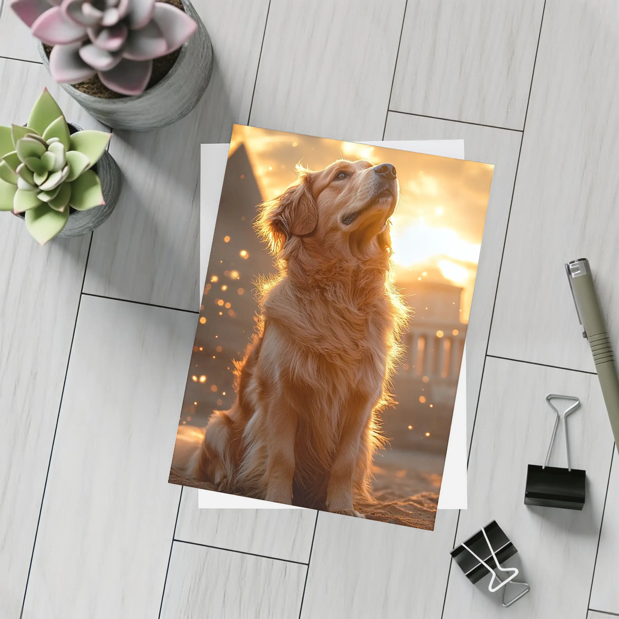 Golden Retriever Glowing Sunset Ancient Ruins – Postcards