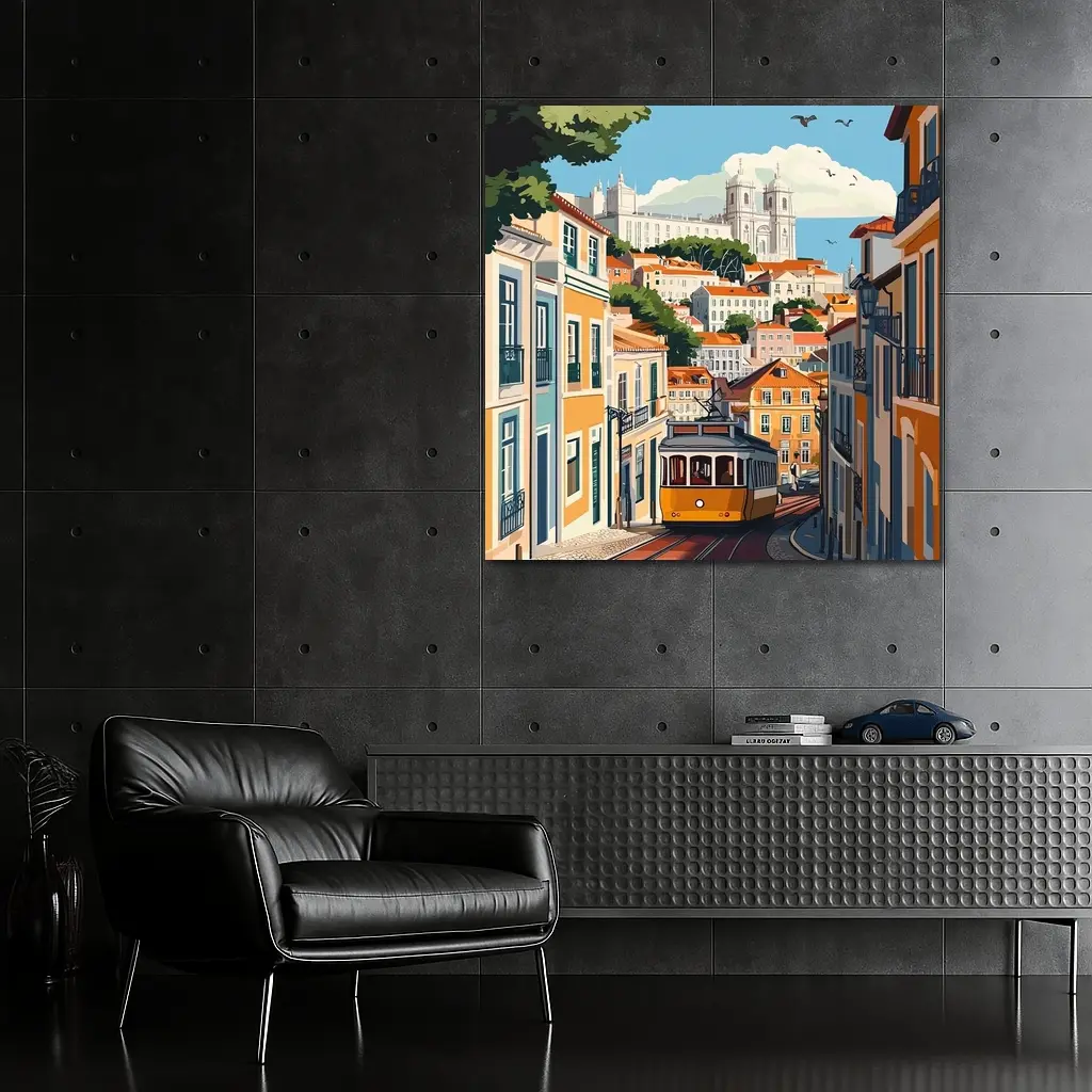 Lisbon Tram Colorful City Street Illustration – Wall Art