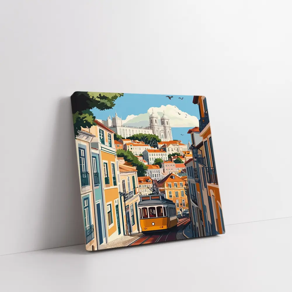 Lisbon Tram Colorful City Street Illustration – Wall Art