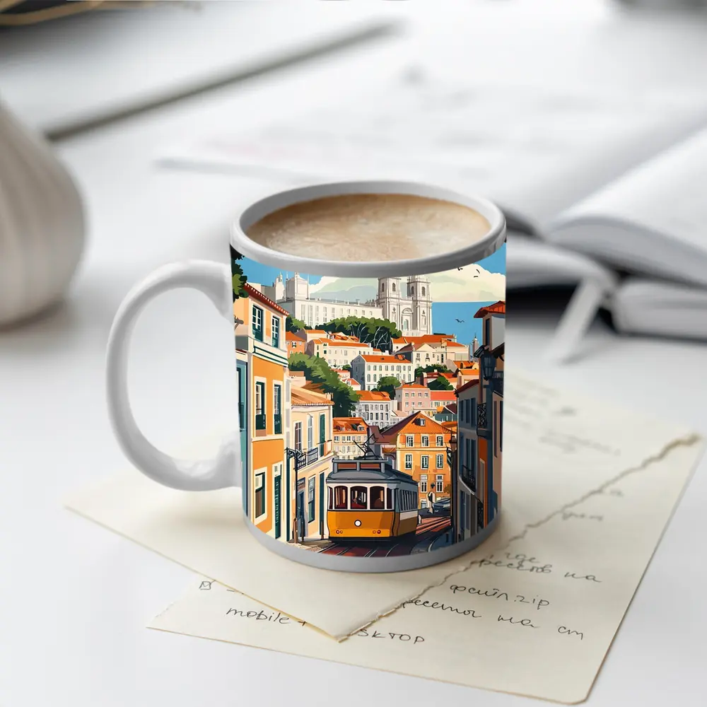 Lisbon Tram Colorful City Street Illustration – Mugs