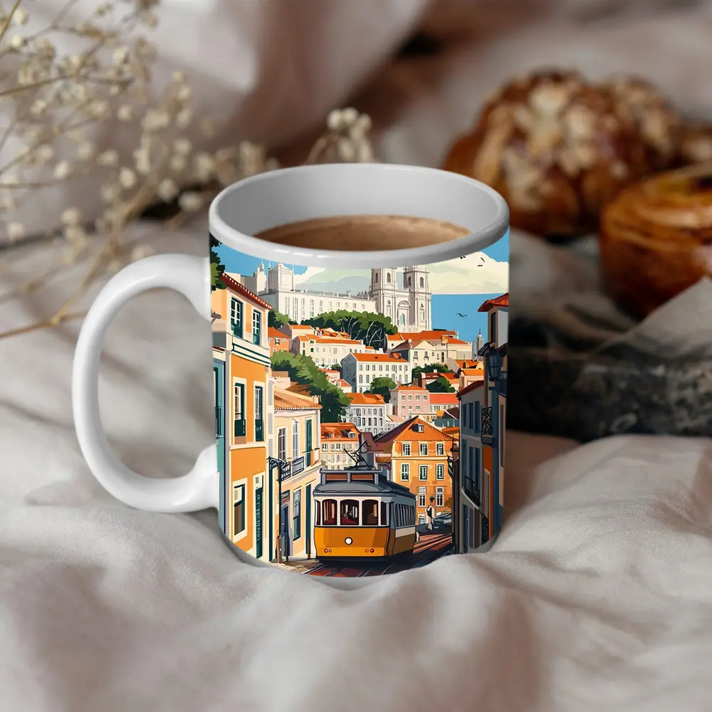 Lisbon Tram Colorful City Street Illustration – Mugs