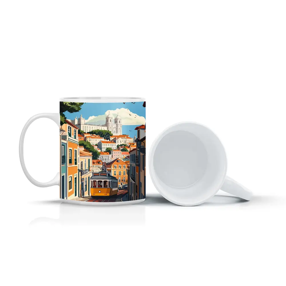 Lisbon Tram Colorful City Street Illustration – Mugs