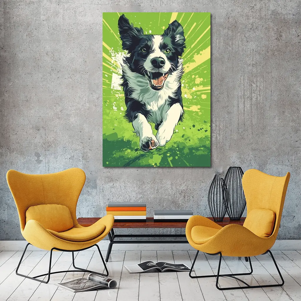 Border Collie Running Green Pop Art Background – Wall Art