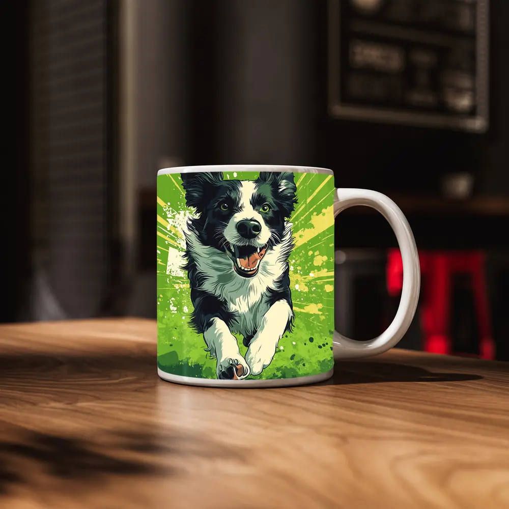 Border Collie Running Green Pop Art Background – Mugs