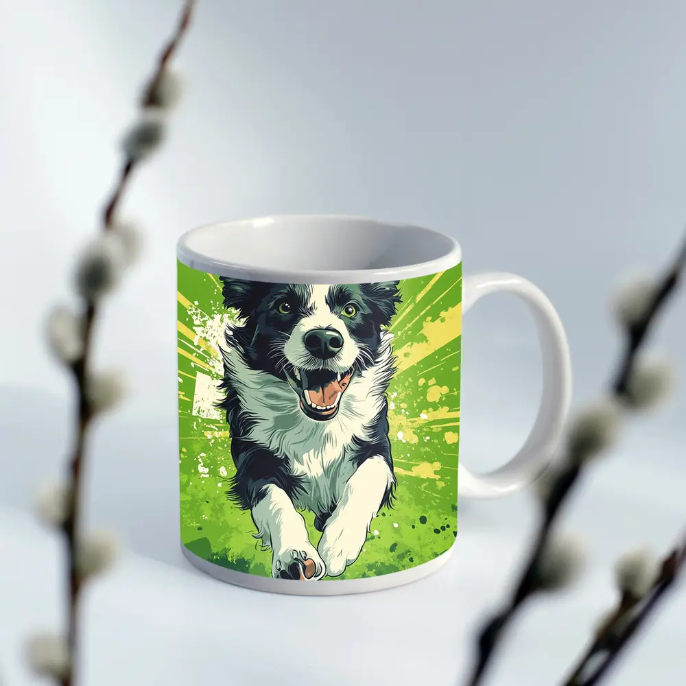 Border Collie Running Green Pop Art Background – Mugs