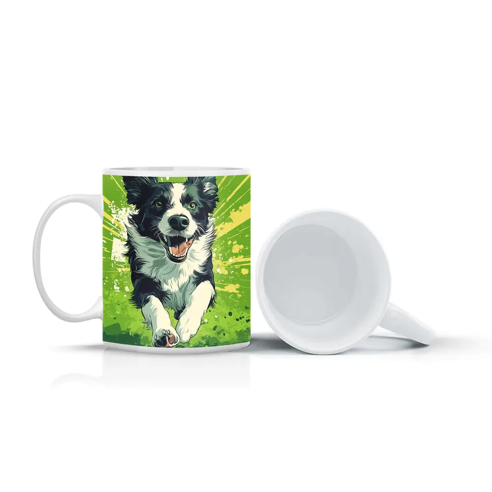 Border Collie Running Green Pop Art Background – Mugs