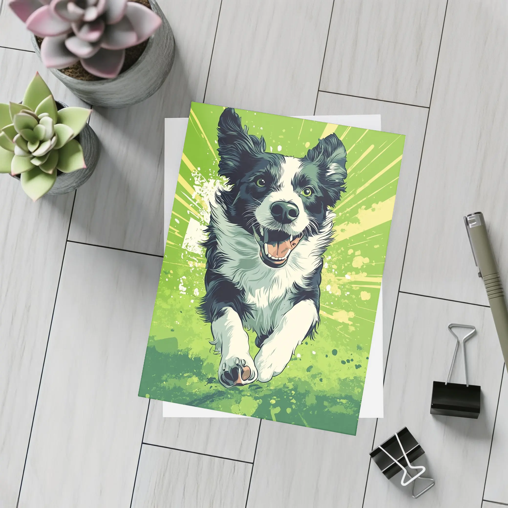 Border Collie Running Green Pop Art Background – Postcards