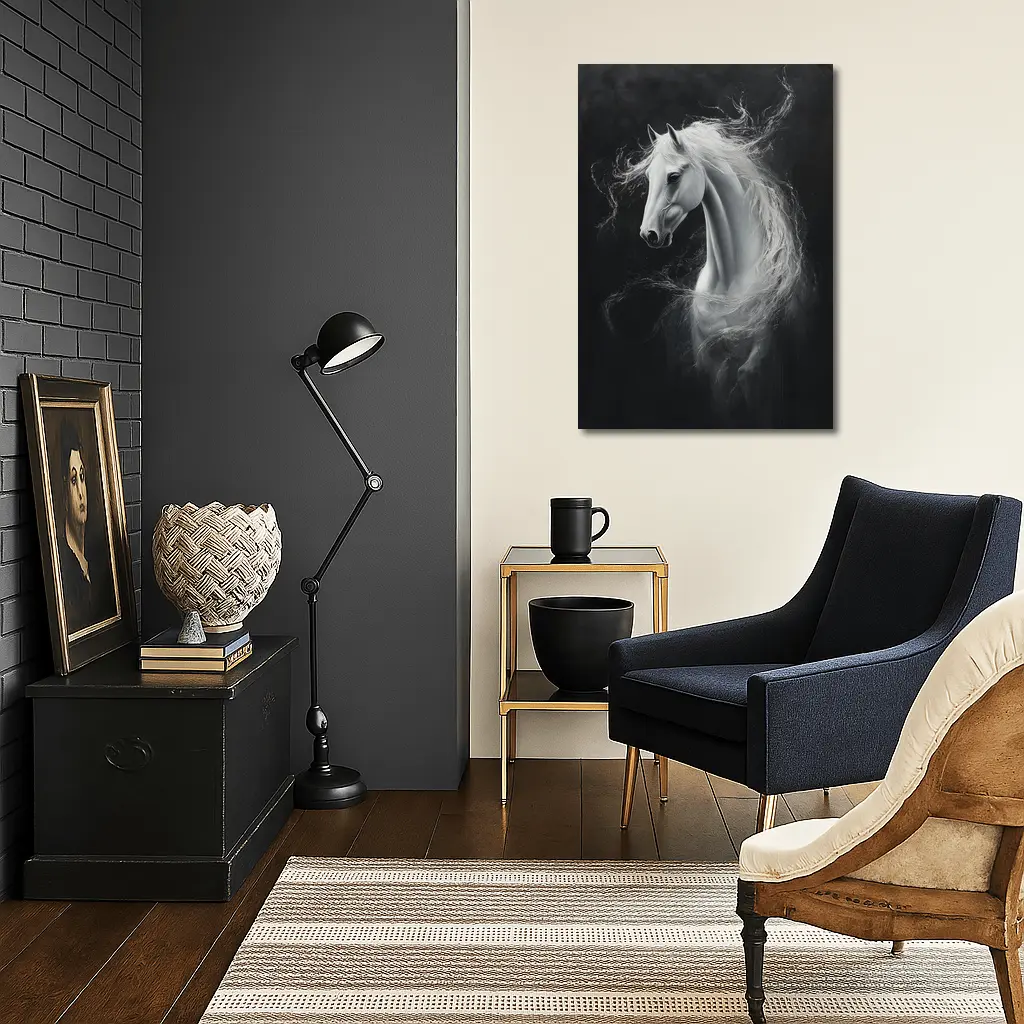 White Horse Portrait Dark Black Background Painting – Wall Art