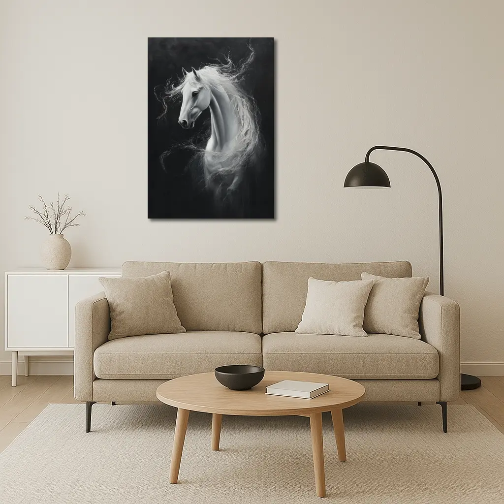 White Horse Portrait Dark Black Background Painting – Wall Art