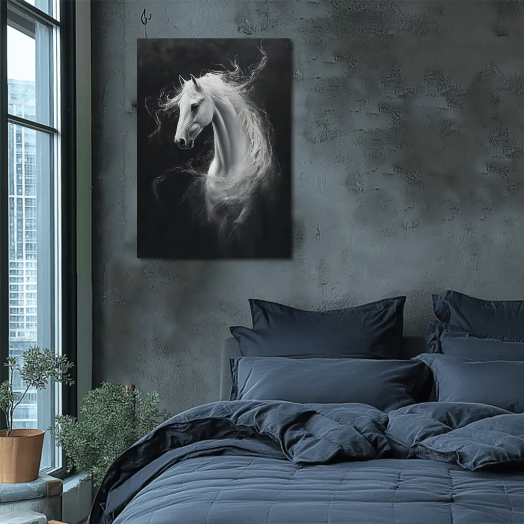 White Horse Portrait Dark Black Background Painting – Wall Art