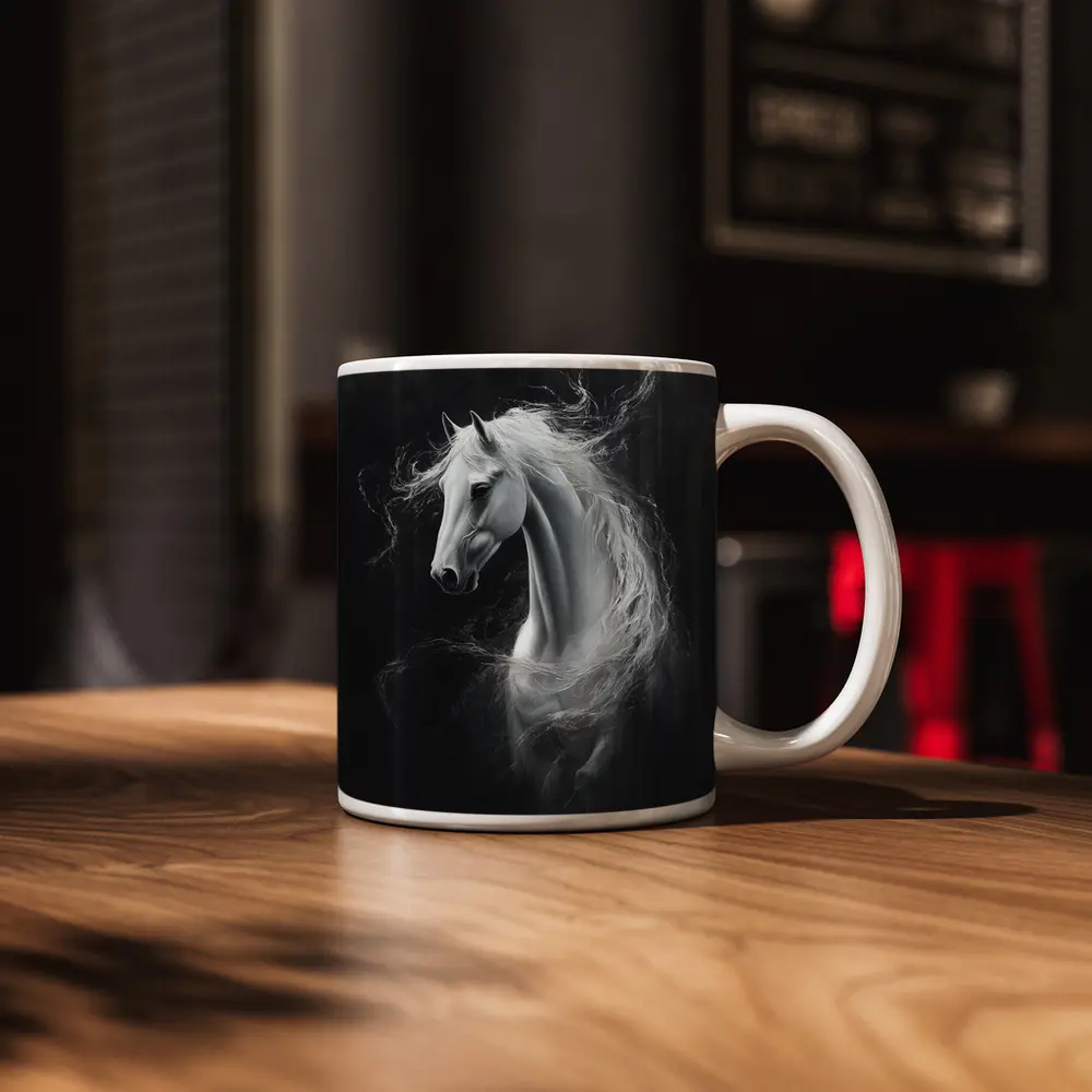 White Horse Portrait Dark Black Background Painting – Mugs