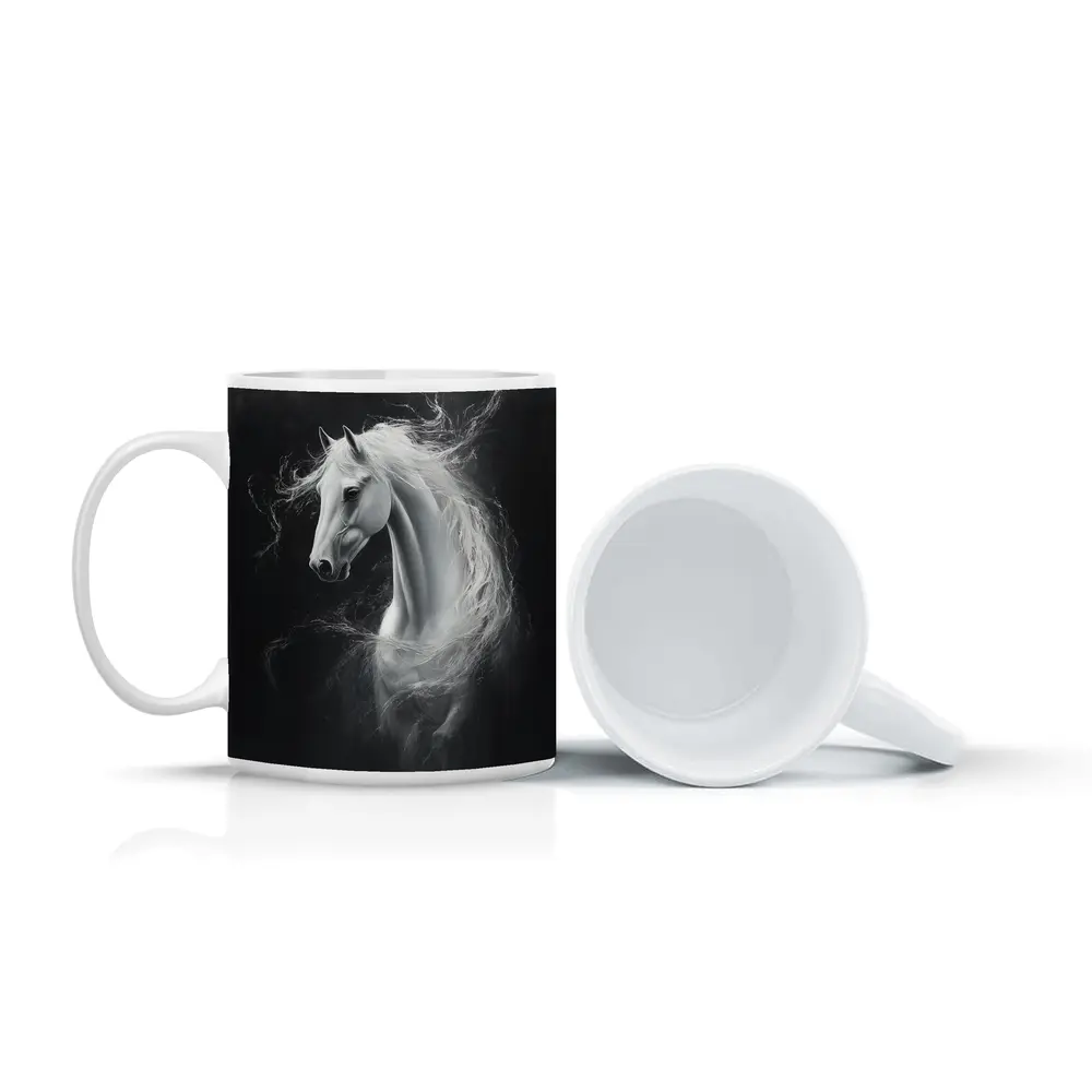 White Horse Portrait Dark Black Background Painting – Mugs