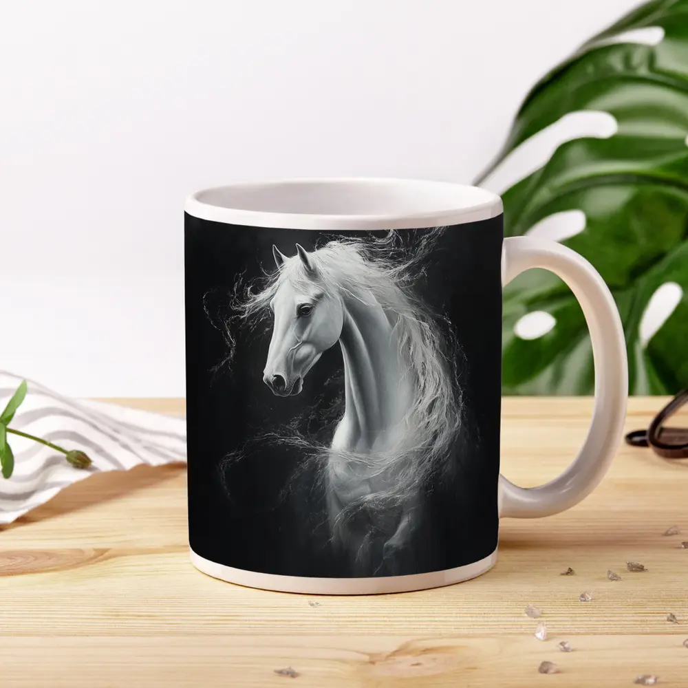 White Horse Portrait Dark Black Background Painting – Mugs