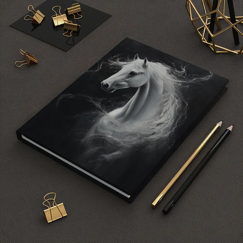 White Horse Portrait Dark Black Background Painting – Notebooks