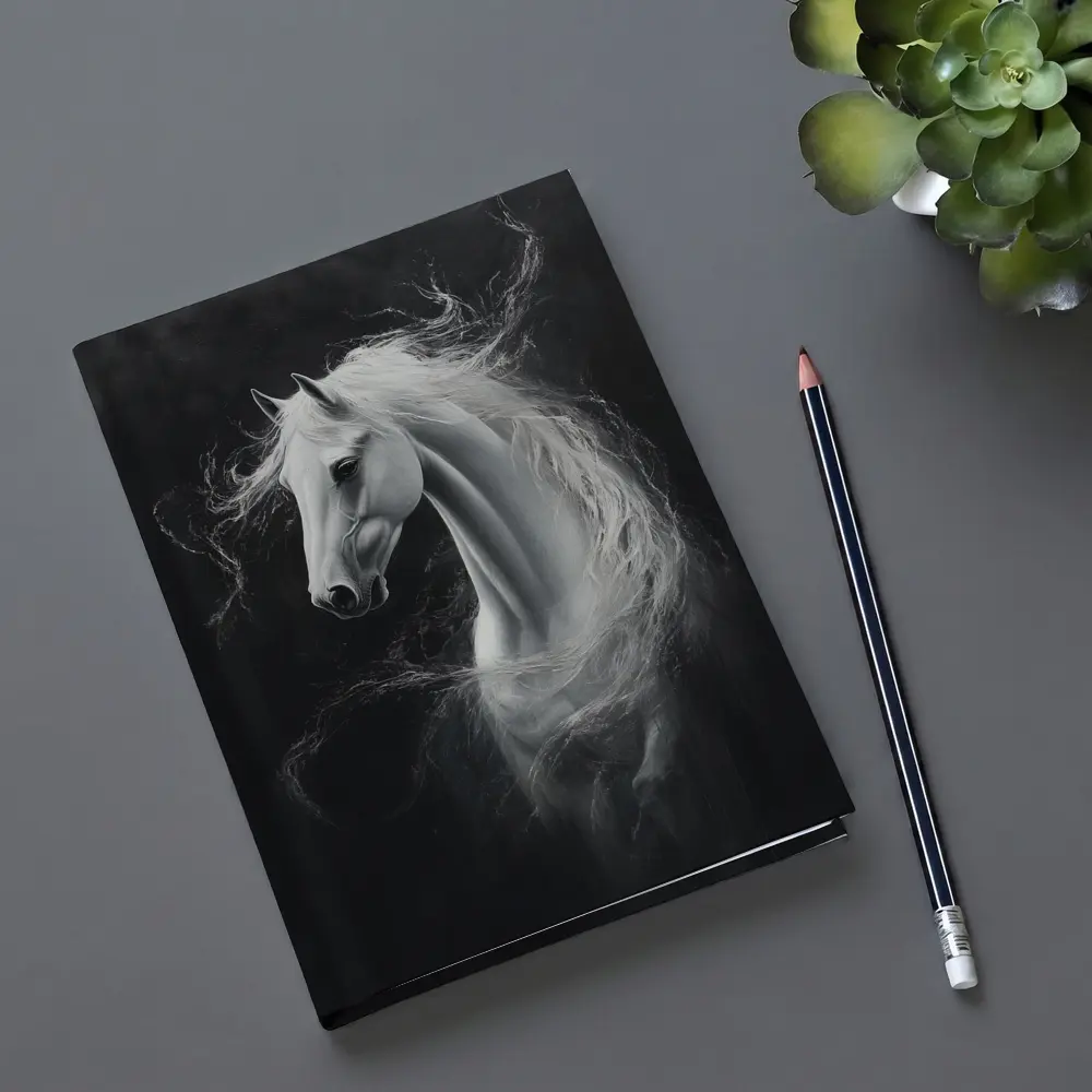 White Horse Portrait Dark Black Background Painting – Notebooks