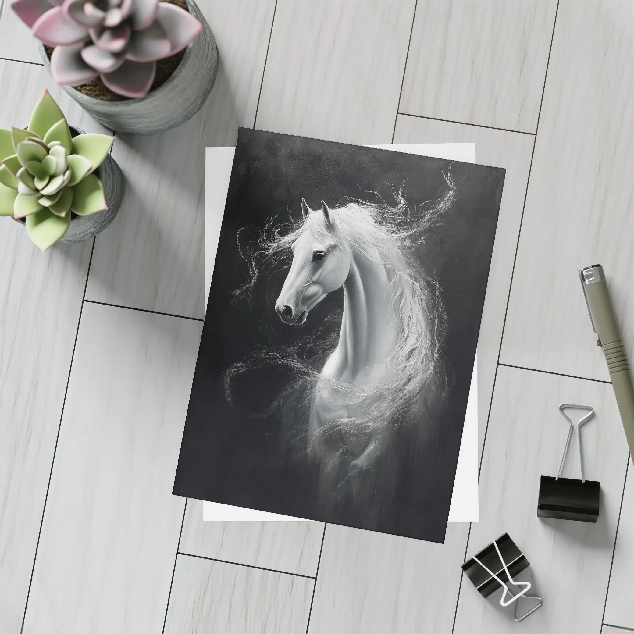 White Horse Portrait Dark Black Background Painting – Postcards