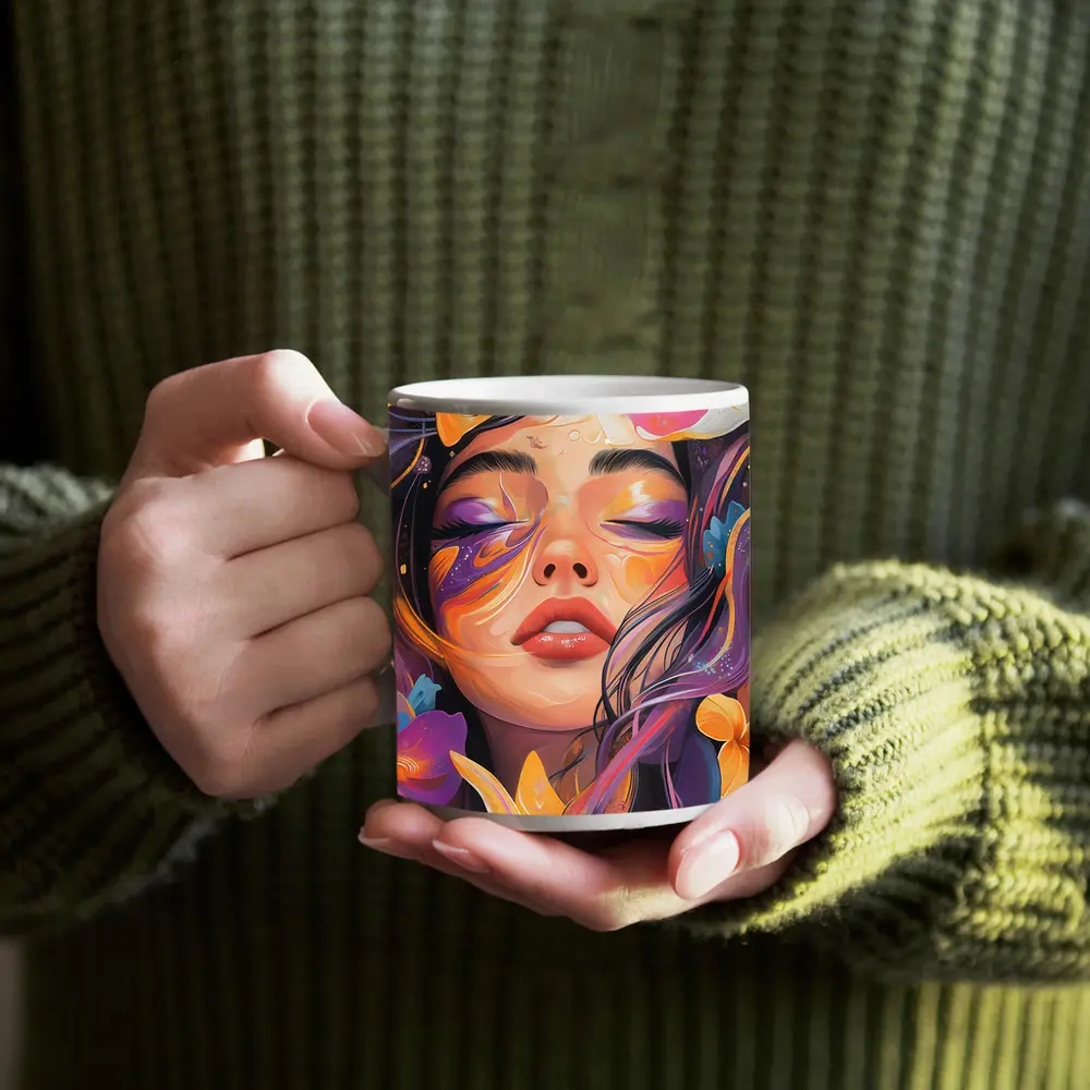 Woman Face Floral Fantasy Colorful Illustration Art – Mugs