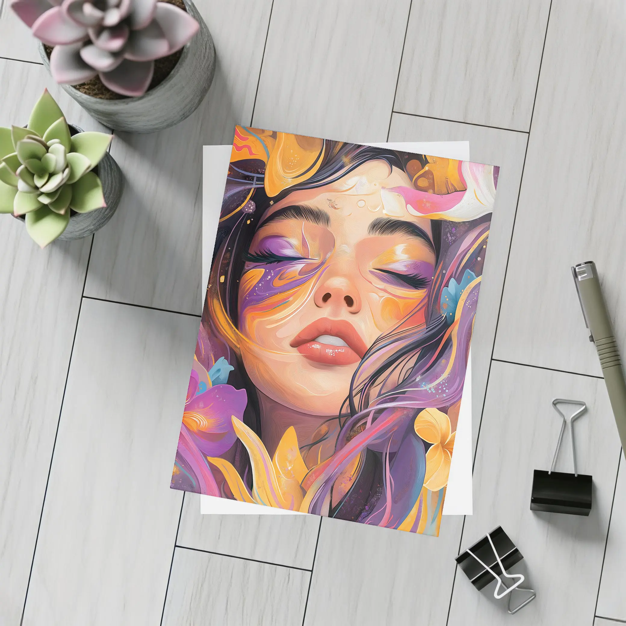 Woman Face Floral Fantasy Colorful Illustration Art – Postcards