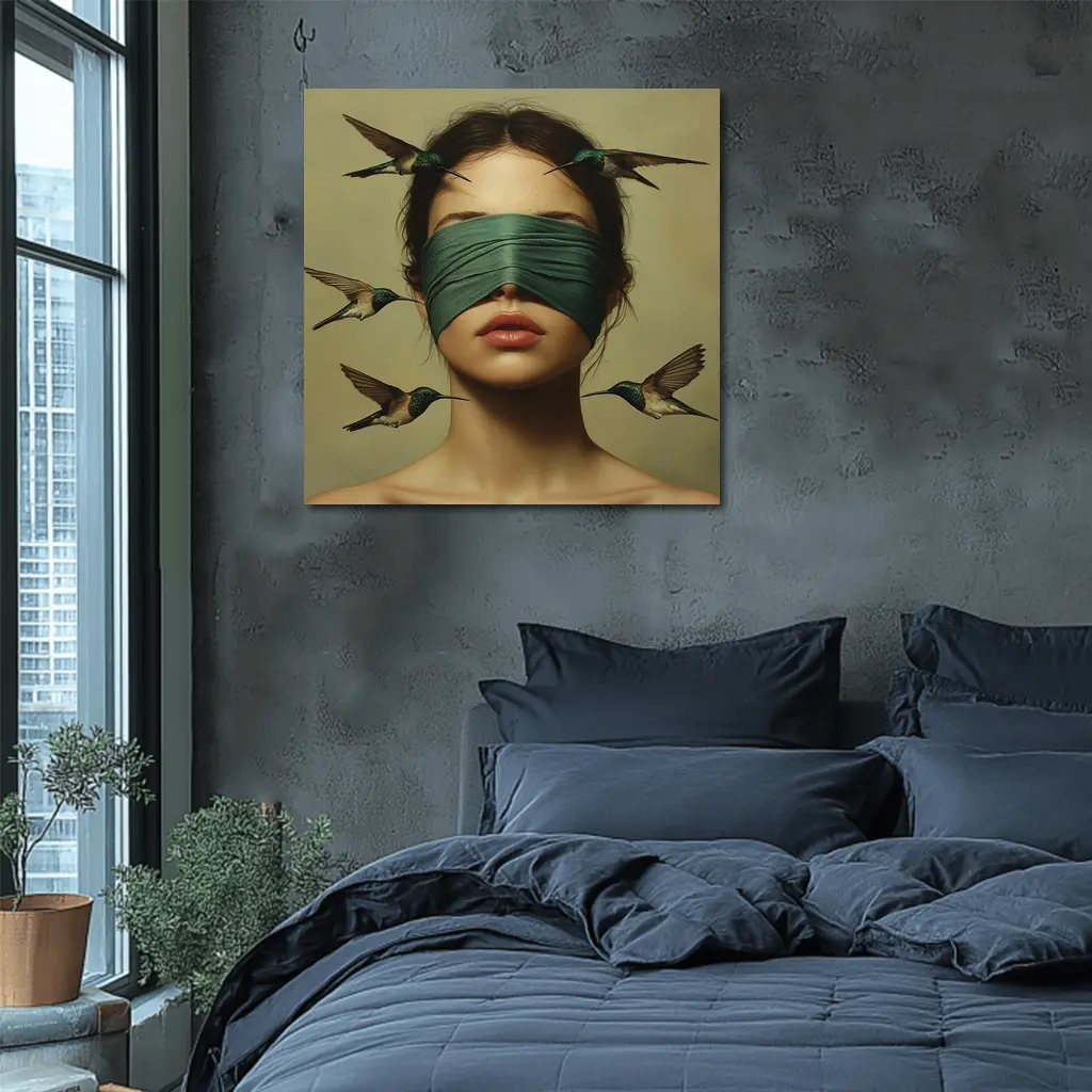 Blindfolded Woman Hummingbirds Surreal Portrait Art – Wall Art