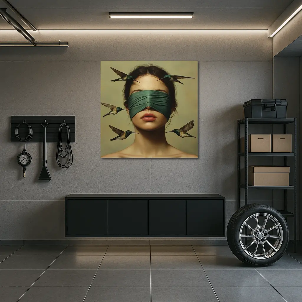 Blindfolded Woman Hummingbirds Surreal Portrait Art – Wall Art