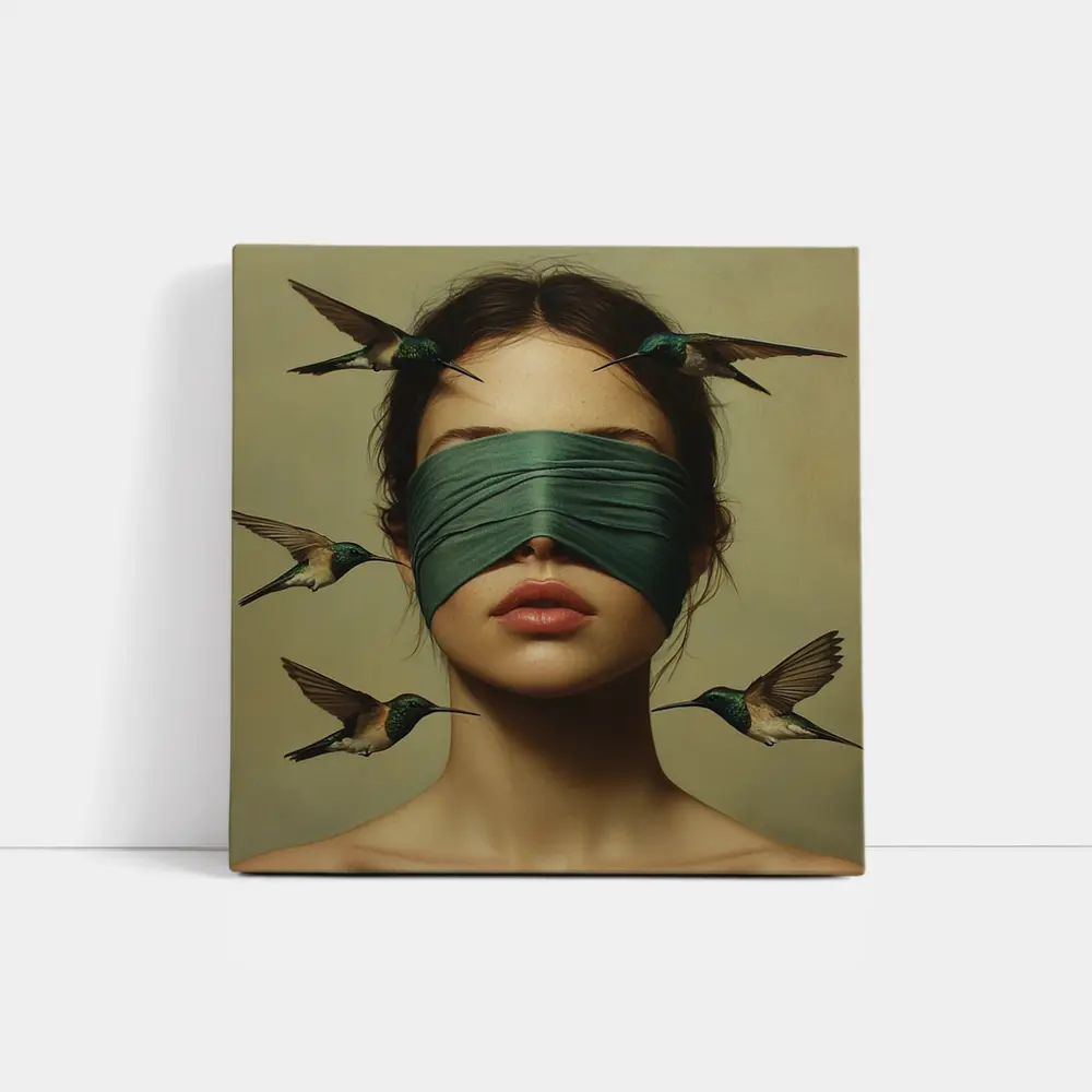 Blindfolded Woman Hummingbirds Surreal Portrait Art – Wall Art