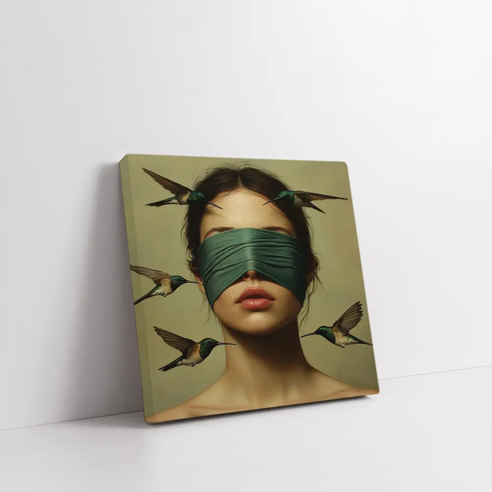 Blindfolded Woman Hummingbirds Surreal Portrait Art – Wall Art