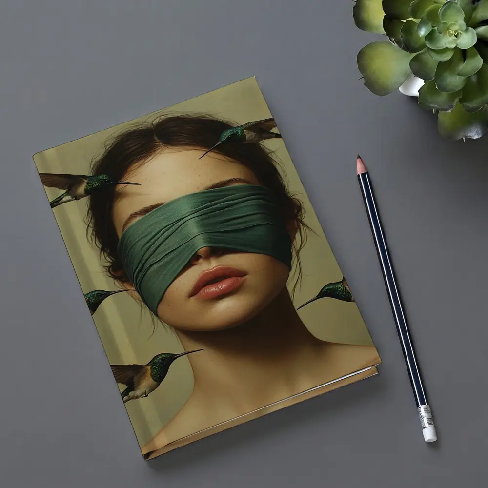 Blindfolded Woman Hummingbirds Surreal Portrait Art – Notebooks