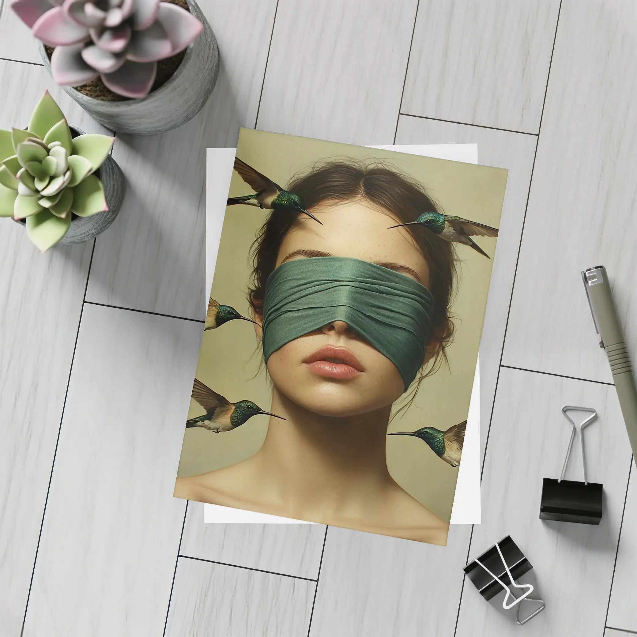Blindfolded Woman Hummingbirds Surreal Portrait Art – Postcards