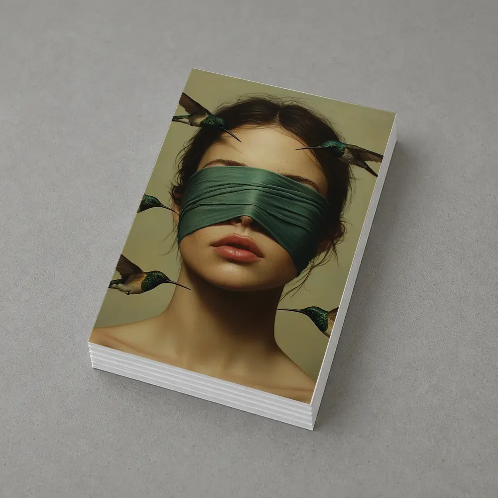 Blindfolded Woman Hummingbirds Surreal Portrait Art – Postcards