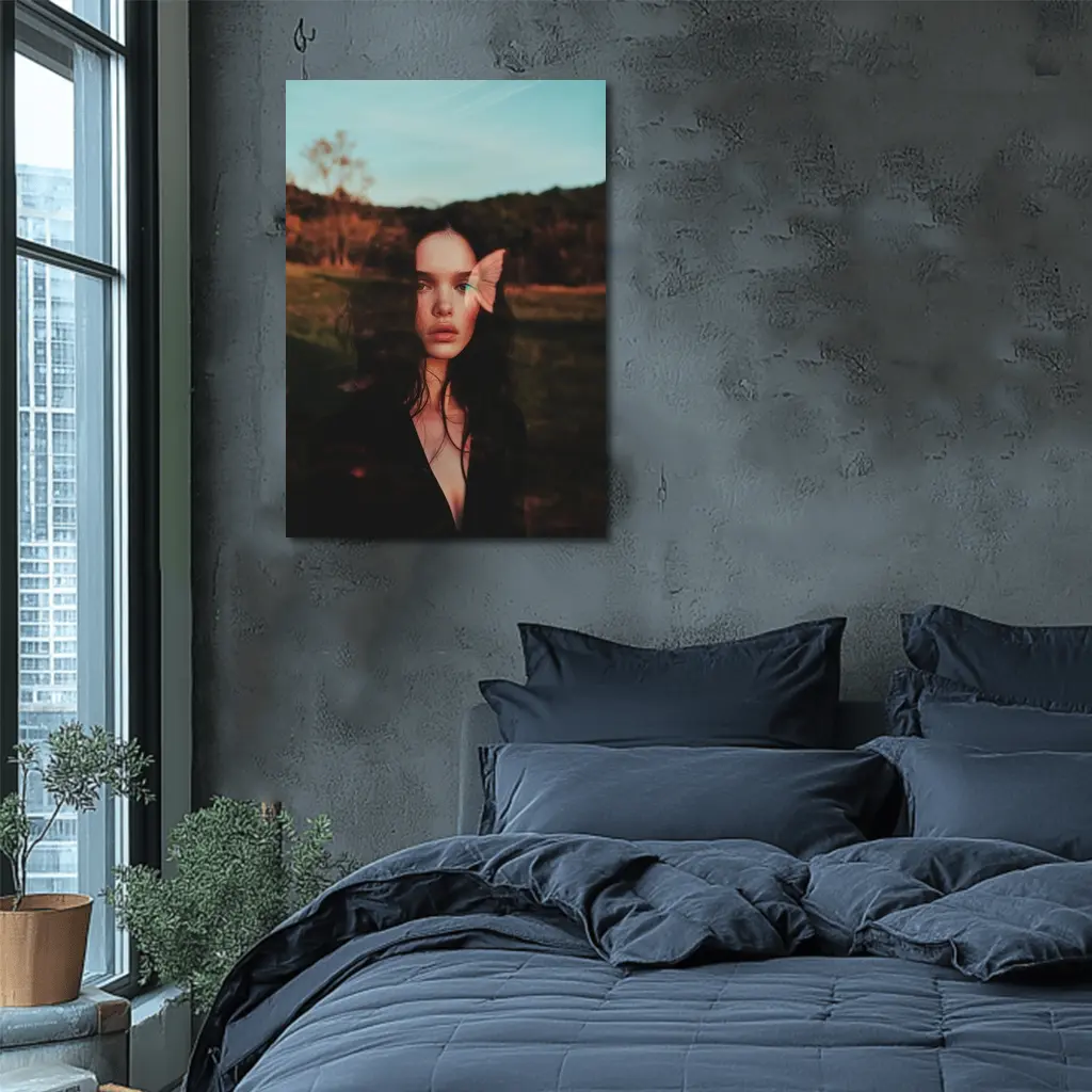 Young Woman Portrait Butterfly Nature Dusk – Wall Art