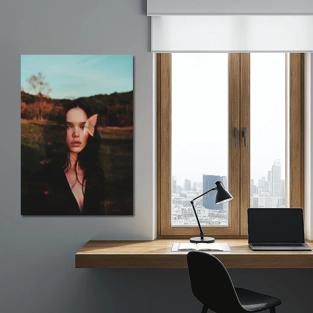 Young Woman Portrait Butterfly Nature Dusk – Wall Art