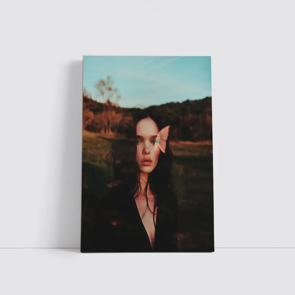 Young Woman Portrait Butterfly Nature Dusk – Wall Art