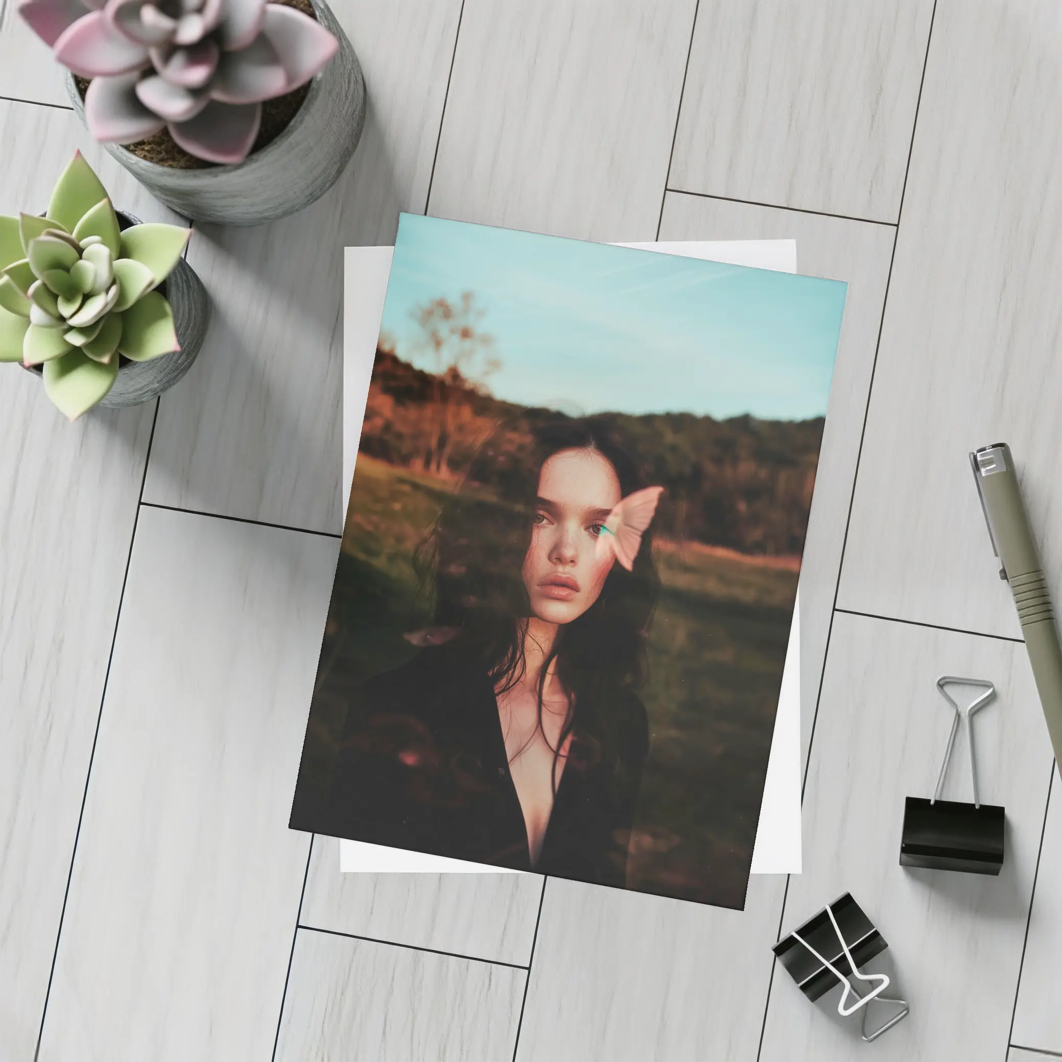 Young Woman Portrait Butterfly Nature Dusk – Postcards