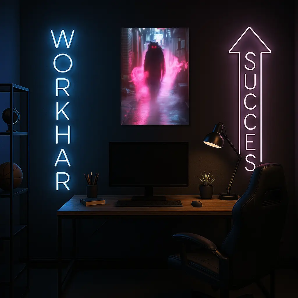 Glowing Cat Spirit Neon City Alley – Wall Art