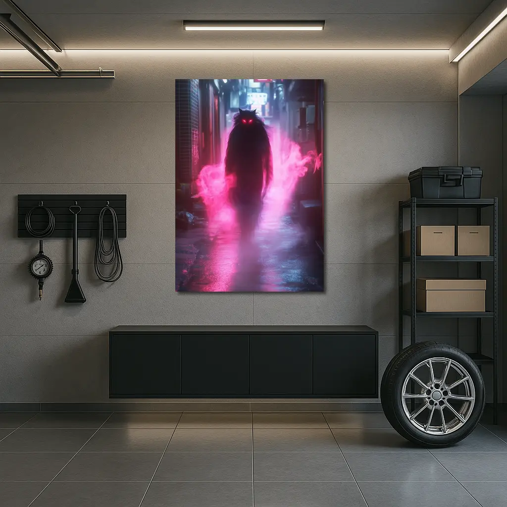Glowing Cat Spirit Neon City Alley – Wall Art