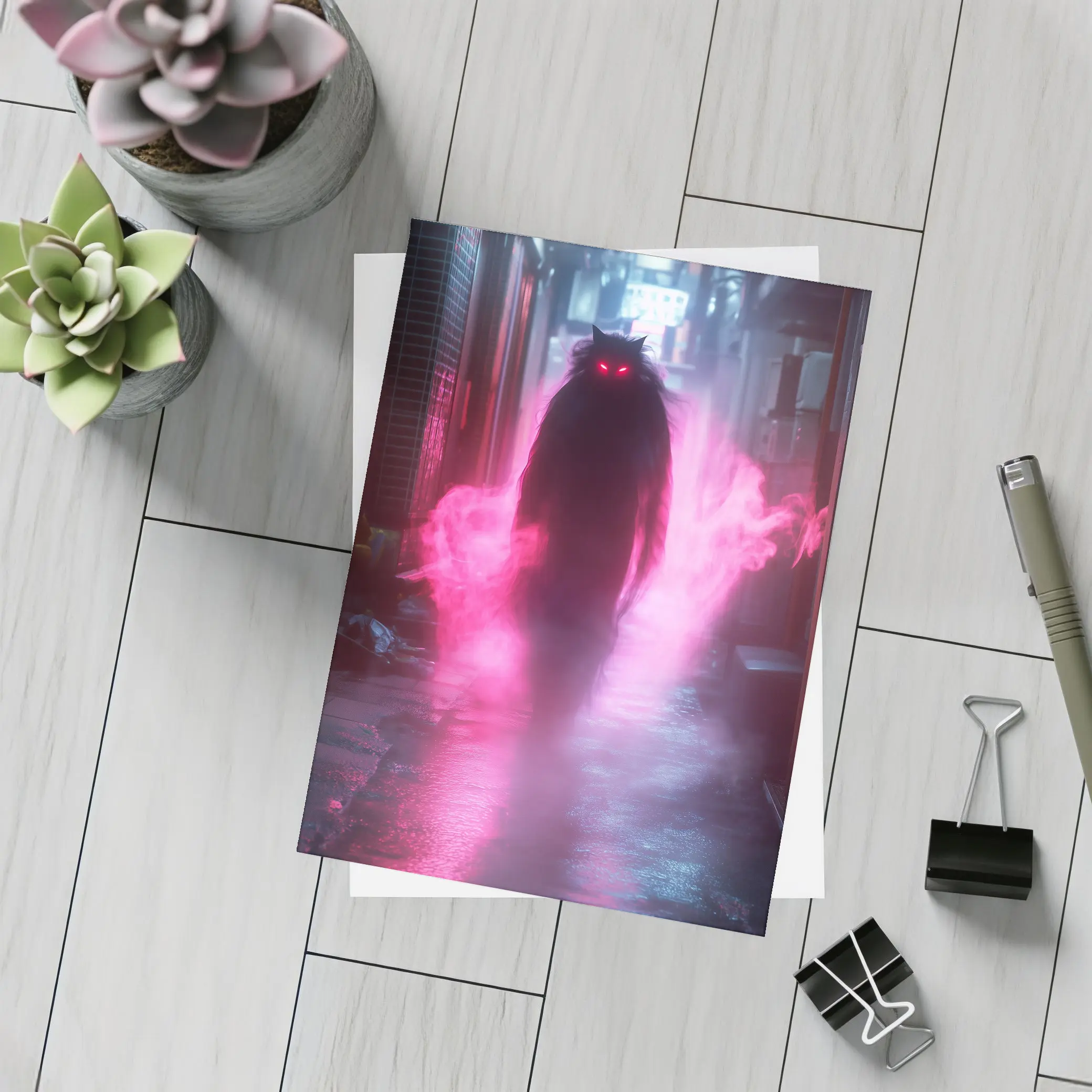Glowing Cat Spirit Neon City Alley – Postcards