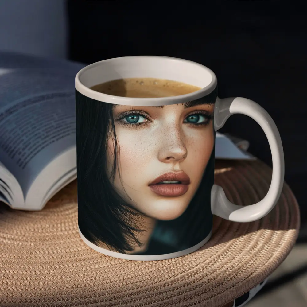 Young Woman Blue Eyes Dark Hair Portrait – Mugs