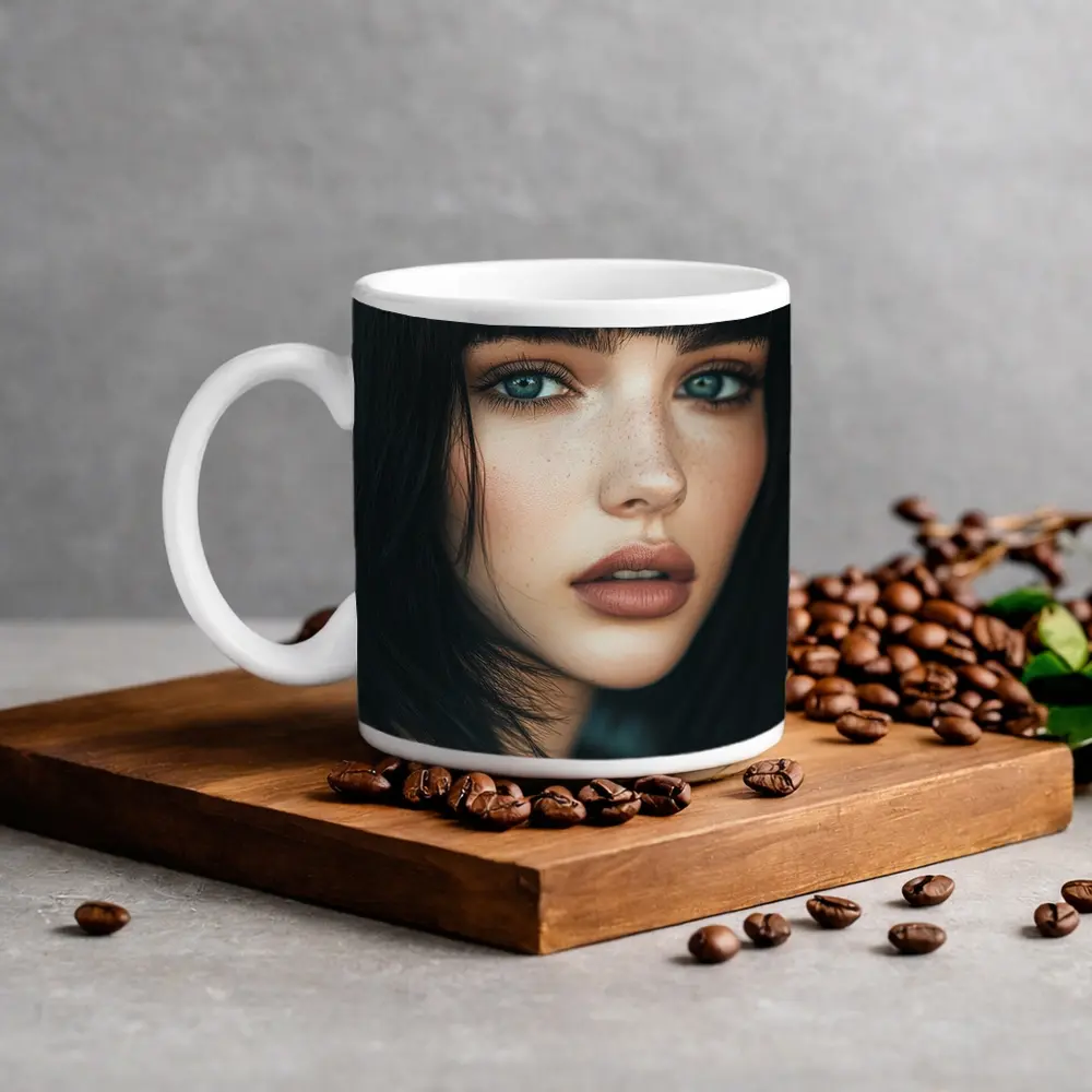 Young Woman Blue Eyes Dark Hair Portrait – Mugs
