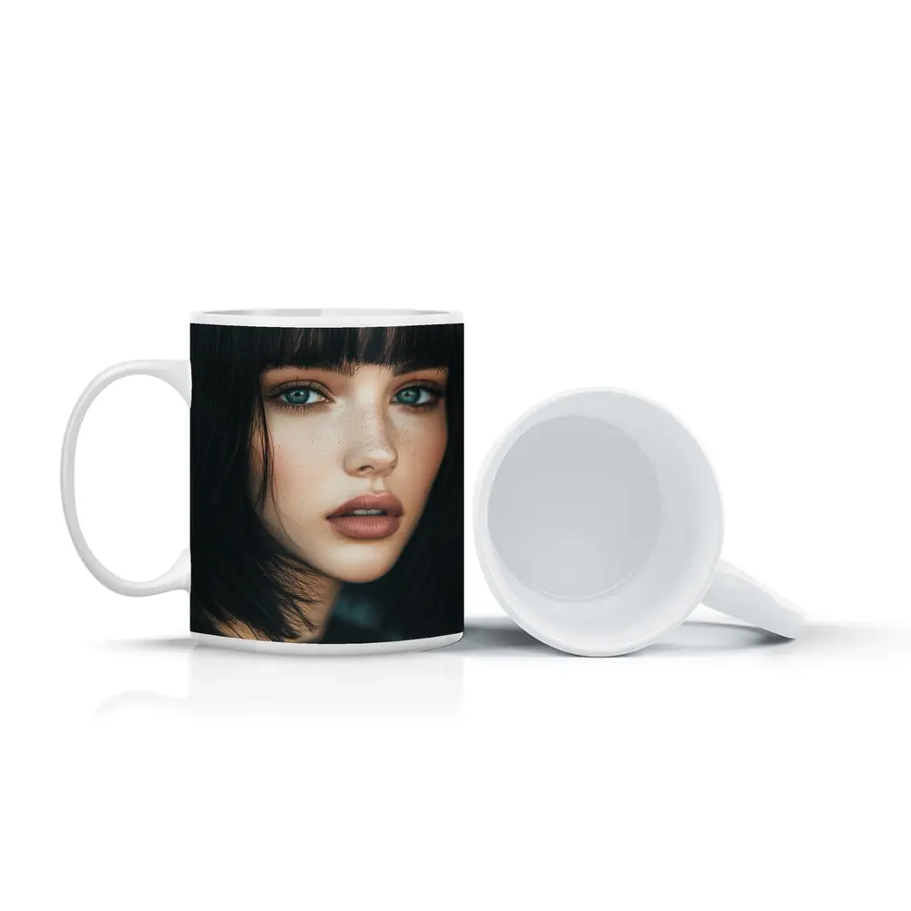 Young Woman Blue Eyes Dark Hair Portrait – Mugs