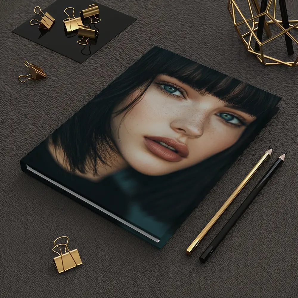 Young Woman Blue Eyes Dark Hair Portrait – Notebooks