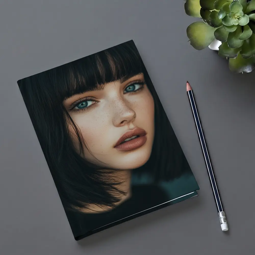 Young Woman Blue Eyes Dark Hair Portrait – Notebooks