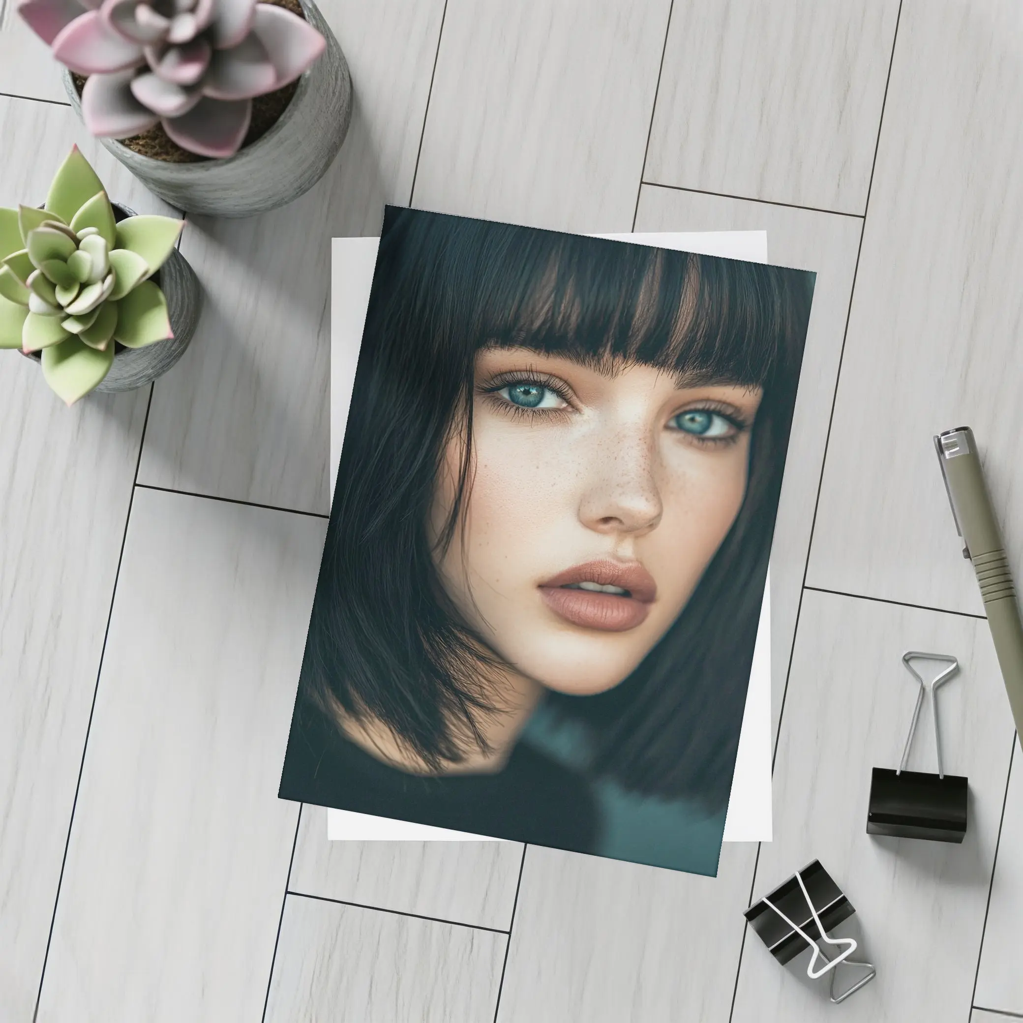 Young Woman Blue Eyes Dark Hair Portrait – Postcards