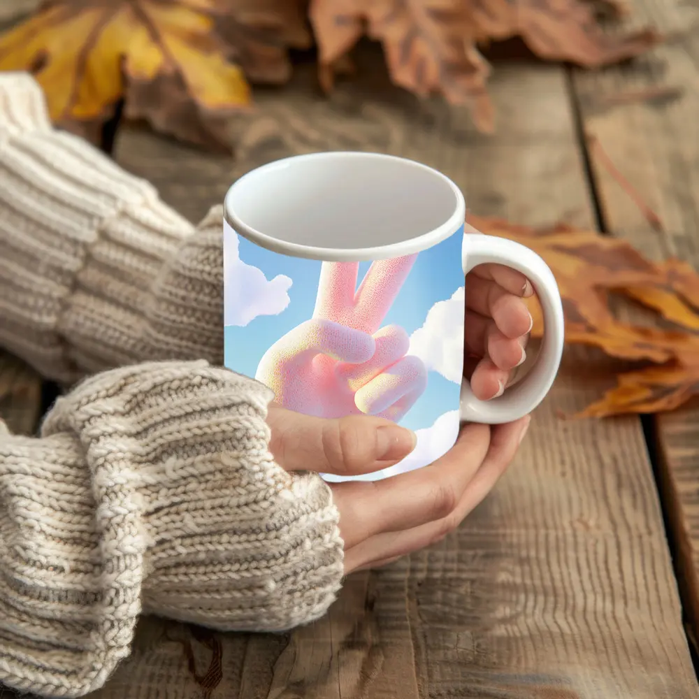 Pink Peace Sign Hand Blue Sky – Mugs