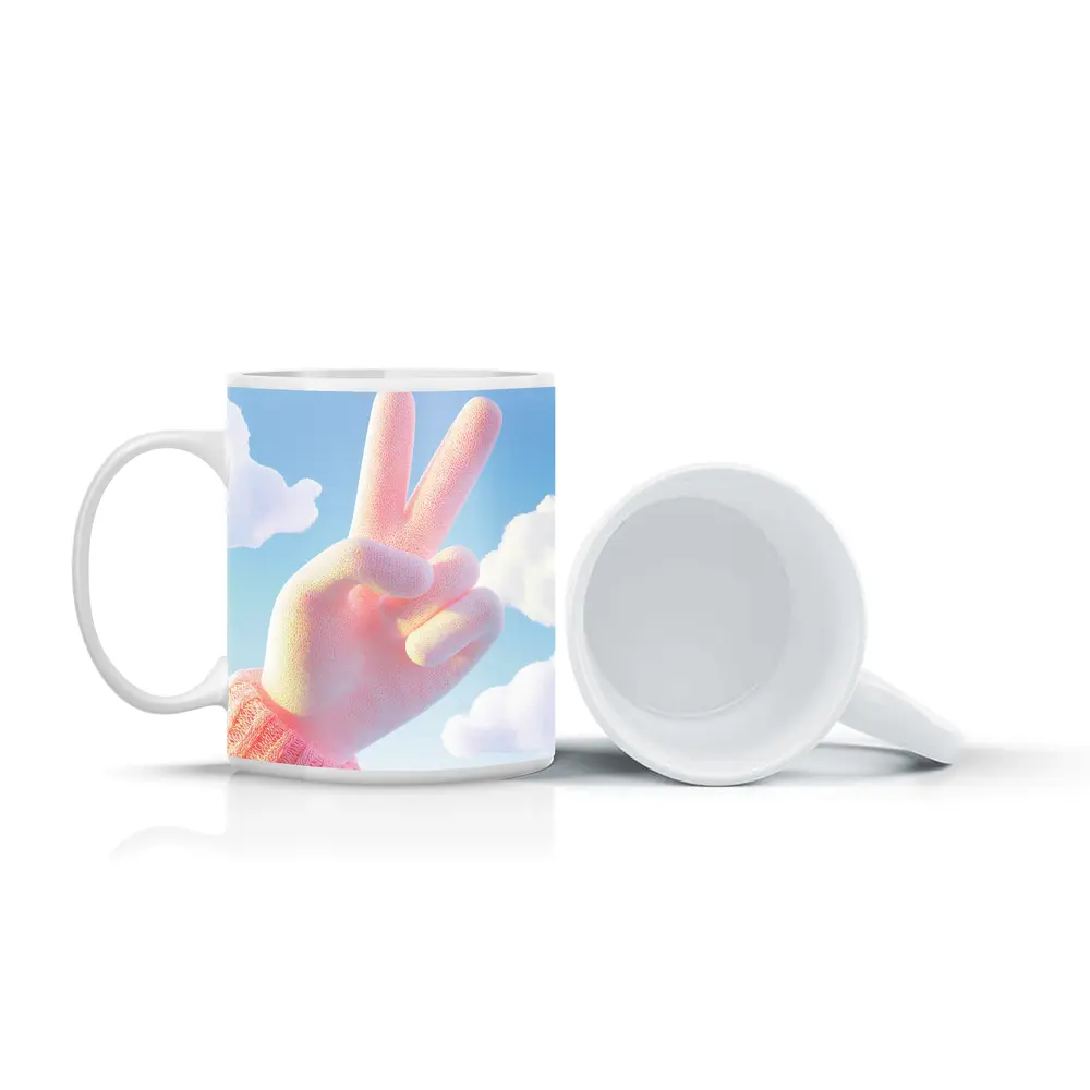 Pink Peace Sign Hand Blue Sky – Mugs