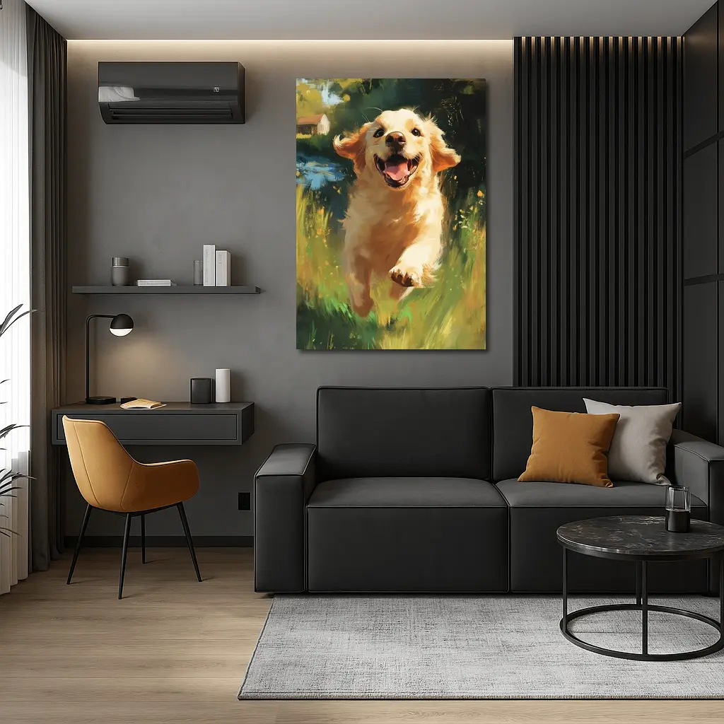 Happy Golden Retriever Running Through Green Fields – Wall Art