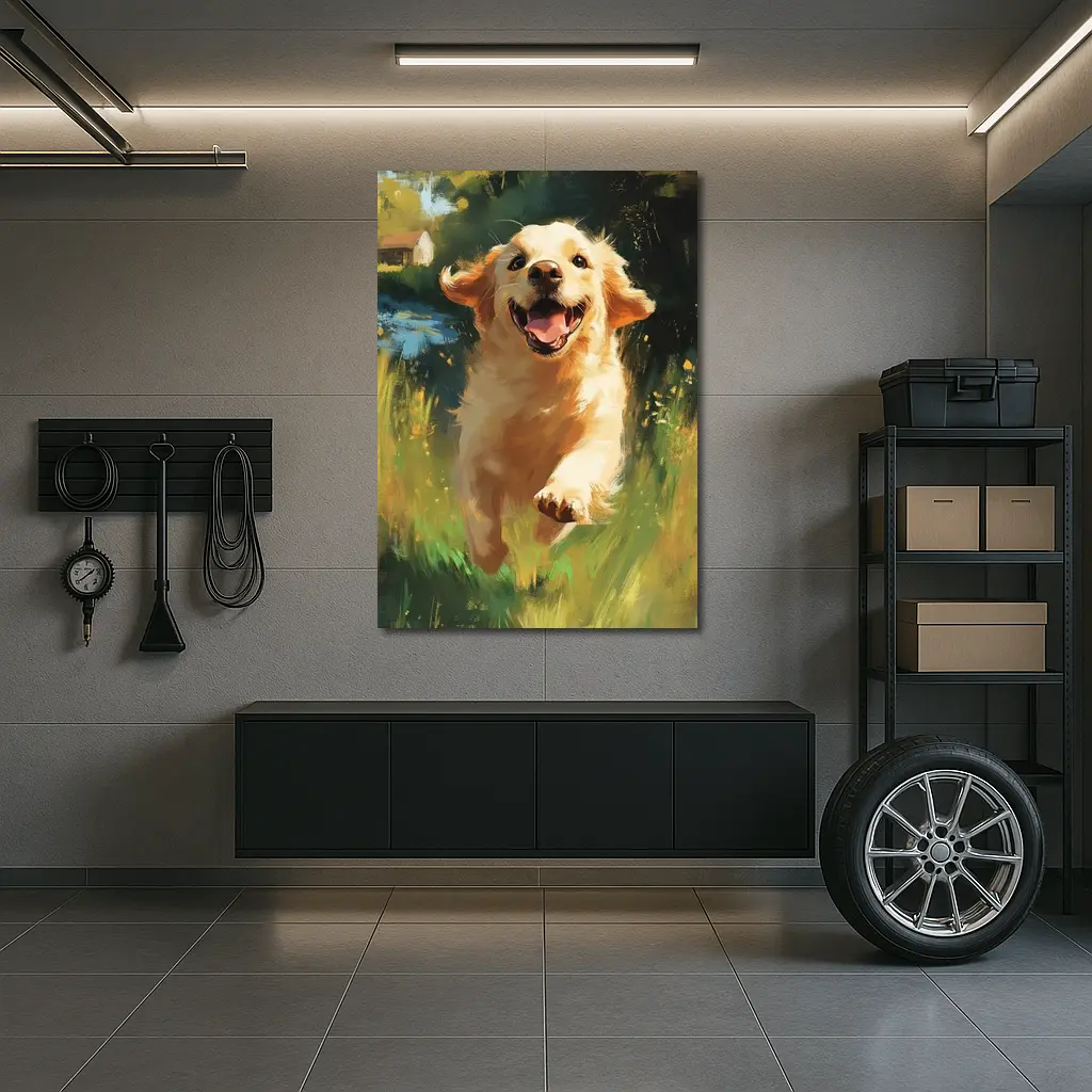 Happy Golden Retriever Running Through Green Fields – Wall Art