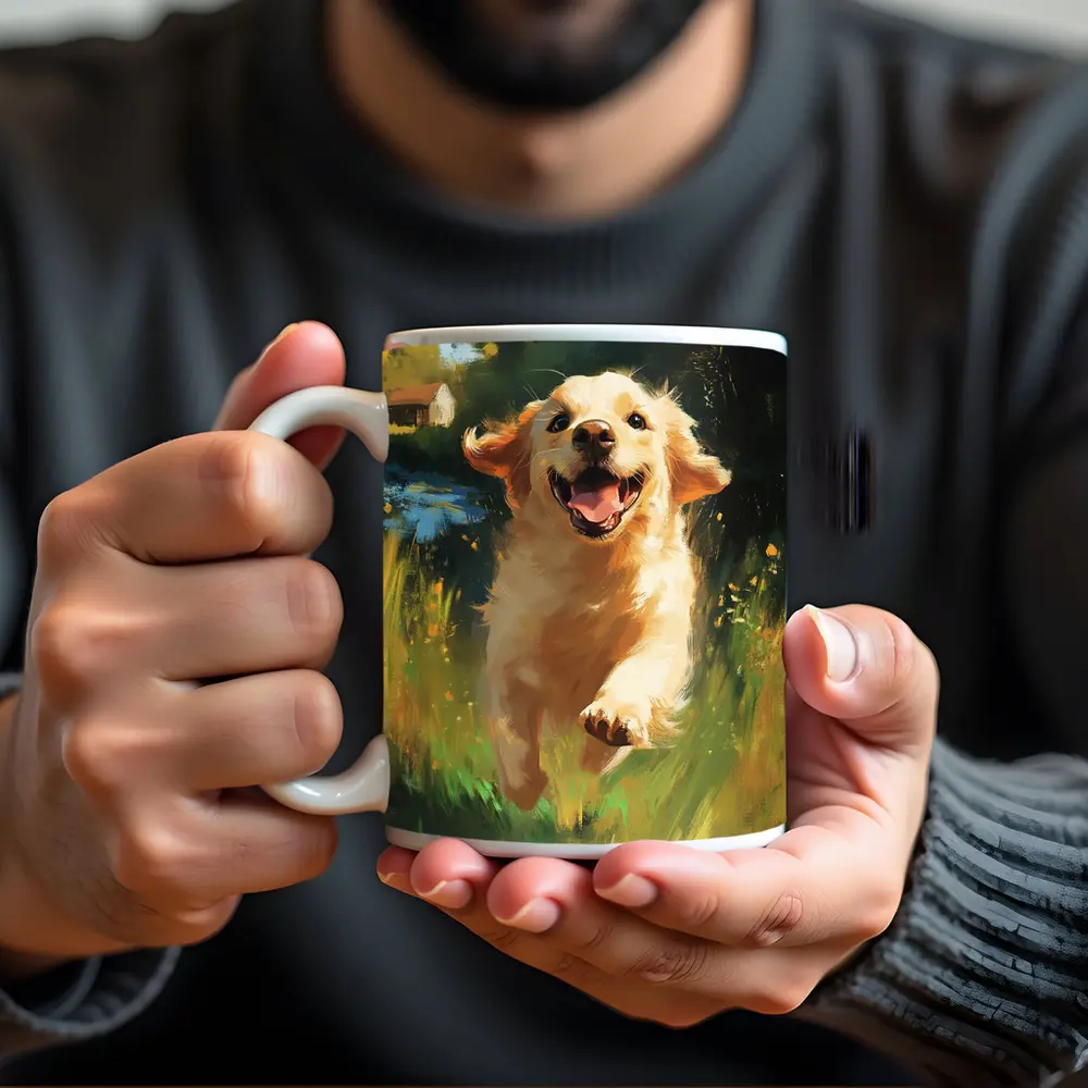 Happy Golden Retriever Running Through Green Fields – Mugs