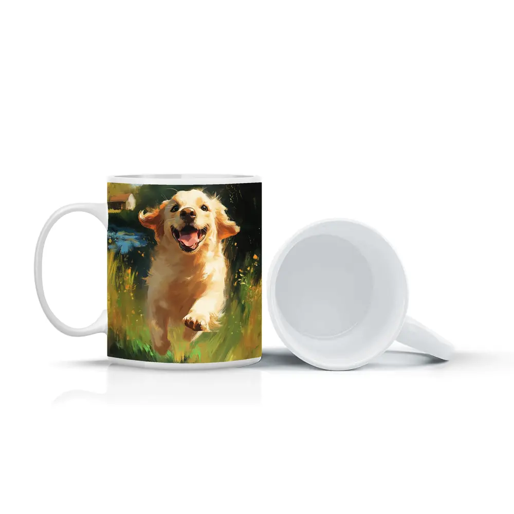 Happy Golden Retriever Running Through Green Fields – Mugs