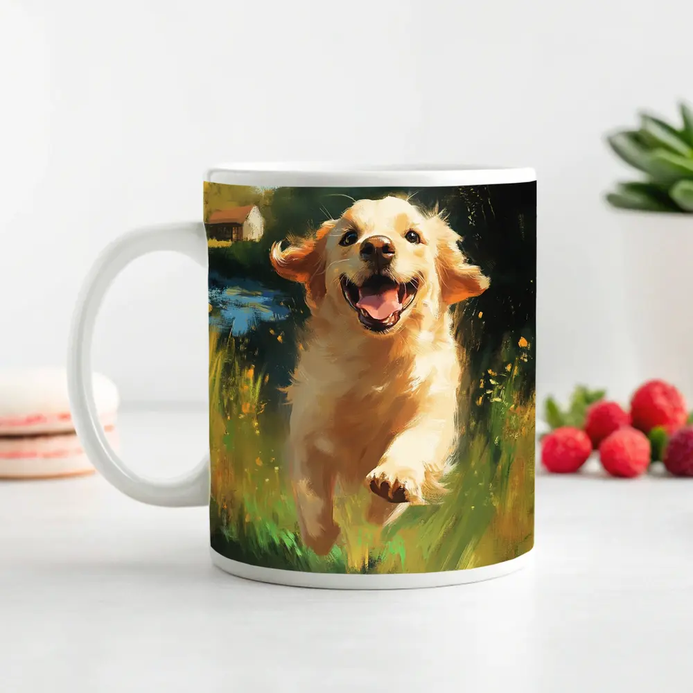 Happy Golden Retriever Running Through Green Fields – Mugs