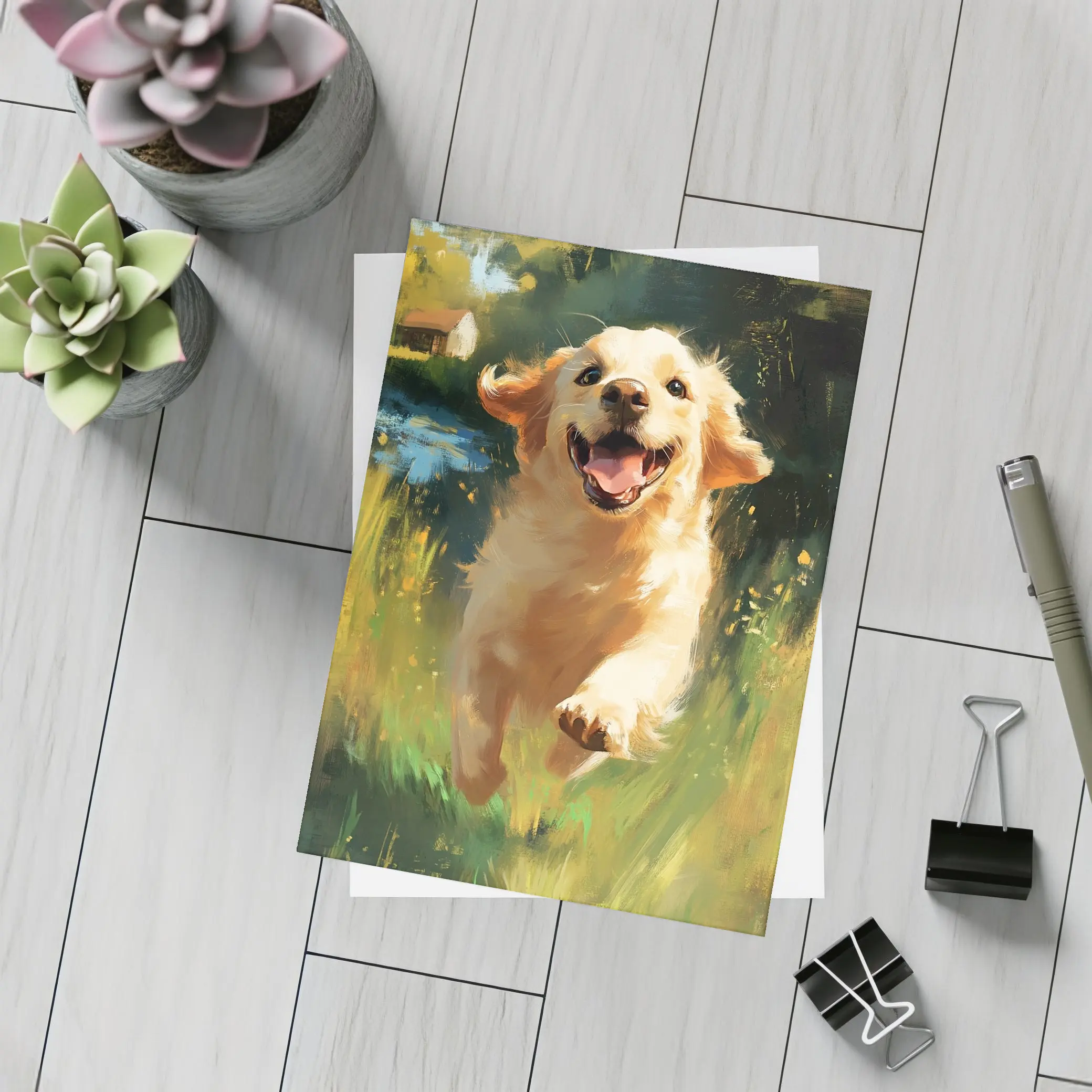 Happy Golden Retriever Running Through Green Fields – Postcards